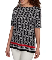Ruby Rd. Petite Size Medallion Border Print Boat Neck Elbow Sleeve Top