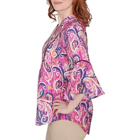 Ruby Rd. Petite Size Paisley Print Woven Embellished Bib Banded Collar 3/4 Bell Sleeve Top