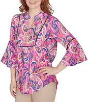 Ruby Rd. Petite Size Paisley Print Woven Embellished Bib Banded Collar 3/4 Bell Sleeve Top