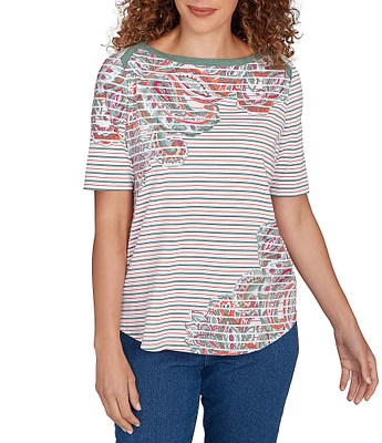 Ruby Rd. Petite Size Paisley Stripe Envelope Neck Short Sleeve Top