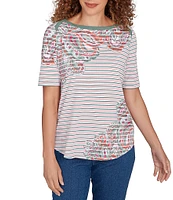 Ruby Rd. Petite Size Paisley Stripe Envelope Neck Short Sleeve Top