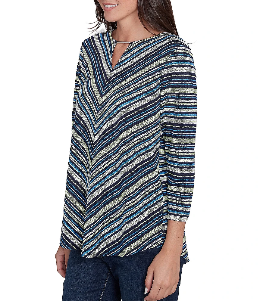 Ruby Rd. Petite Size Pebble Stripe Keyhole Neck 3/4 Sleeve Top