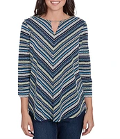 Ruby Rd. Petite Size Pebble Stripe Keyhole Neck 3/4 Sleeve Top