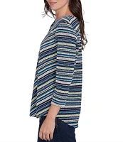 Ruby Rd. Petite Size Pebble Stripe Keyhole Neck 3/4 Sleeve Top