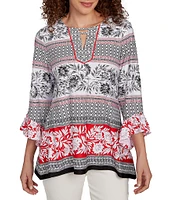 Ruby Rd. Petite Size Printed Embellished Keyhole Neck 3/4 Ruffle Sleeve Sharkbite Hem Top