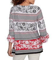 Ruby Rd. Petite Size Printed Embellished Keyhole Neck 3/4 Ruffle Sleeve Sharkbite Hem Top