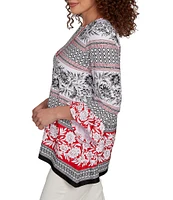 Ruby Rd. Petite Size Printed Embellished Keyhole Neck 3/4 Ruffle Sleeve Sharkbite Hem Top