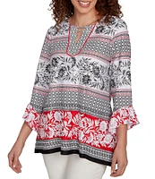 Ruby Rd. Petite Size Printed Embellished Keyhole Neck 3/4 Ruffle Sleeve Sharkbite Hem Top
