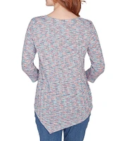 Ruby Rd. Petite Size Printed Keyhole Double Bar Detail 3/4 Sleeve Drop Needle Knit Top