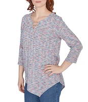 Ruby Rd. Petite Size Printed Keyhole Double Bar Detail 3/4 Sleeve Drop Needle Knit Top