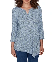 Ruby Rd. Petite Size Printed Knit Keyhole V-Neck 3/4 Sleeve Asymmetric Hem Top