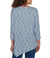 Ruby Rd. Petite Size Printed Knit Keyhole V-Neck 3/4 Sleeve Asymmetric Hem Top