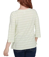 Ruby Rd. Petite Size Ribbon Stripe Print Knit Square Button Trim Detail Neck 3/4 Bell Sleeve Top