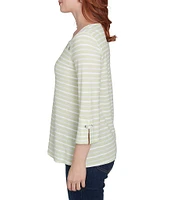 Ruby Rd. Petite Size Ribbon Stripe Print Knit Square Button Trim Detail Neck 3/4 Bell Sleeve Top