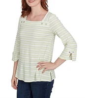 Ruby Rd. Petite Size Ribbon Stripe Print Knit Square Button Trim Detail Neck 3/4 Bell Sleeve Top