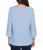 Ruby Rd. Petite Size Ribbon Stripe Print Knit Square Button Trim Detail Neck 3/4 Bell Sleeve Top