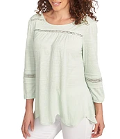 Ruby Rd. Petite Size Knit Scoop Neck 3/4 Bishop Sleeve Lace Trim Scallop Hem Top