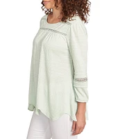 Ruby Rd. Petite Size Knit Scoop Neck 3/4 Bishop Sleeve Lace Trim Scallop Hem Top