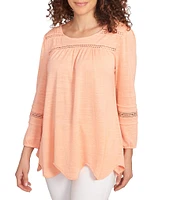 Ruby Rd. Petite Size Knit Scoop Neck 3/4 Bishop Sleeve Lace Trim Scallop Hem Top