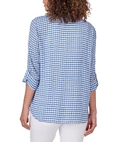 Ruby Rd. Petite Size Silky Gauze Gingham Print Scoop Neck 3/4 Roll-Tab Sleeve Top