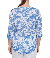 Ruby Rd. Petite Size Silky Gauze Printed Banded Neck 3/4 Roll-Tab Sleeve Pleated Blouse
