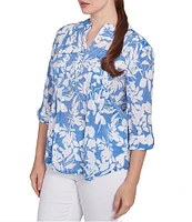 Ruby Rd. Petite Size Silky Gauze Printed Banded Neck 3/4 Roll-Tab Sleeve Pleated Blouse