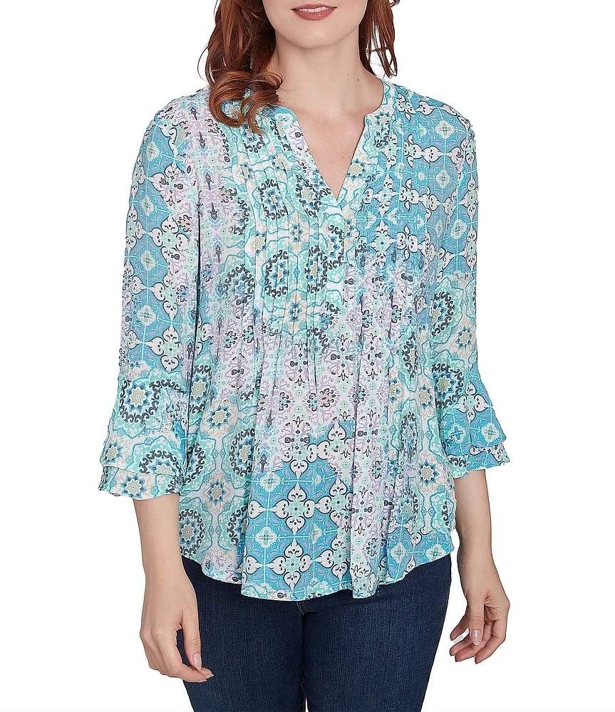 Ruby Rd. Petite Size Silky Pleated Tile Patchwork Print Split V-Neck 3/4 Ruffle Sleeve Top