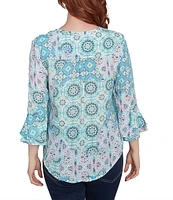 Ruby Rd. Petite Size Silky Pleated Tile Patchwork Print Split V-Neck 3/4 Ruffle Sleeve Top