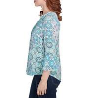 Ruby Rd. Petite Size Silky Pleated Tile Patchwork Print Split V-Neck 3/4 Ruffle Sleeve Top