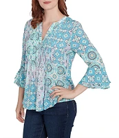 Ruby Rd. Petite Size Silky Pleated Tile Patchwork Print Split V-Neck 3/4 Ruffle Sleeve Top