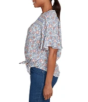Ruby Rd. Petite Size Silky Voile Printed Round Neck Short Flutter Sleeve Tie-Front Top