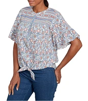 Ruby Rd. Petite Size Silky Voile Printed Round Neck Short Flutter Sleeve Tie-Front Top