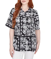 Ruby Rd. Petite Size Soft Crepe Patchwork Point Collar Short Sleeve Button Front Shirt
