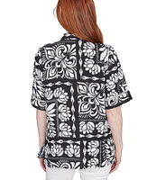 Ruby Rd. Petite Size Soft Crepe Patchwork Point Collar Short Sleeve Button Front Shirt
