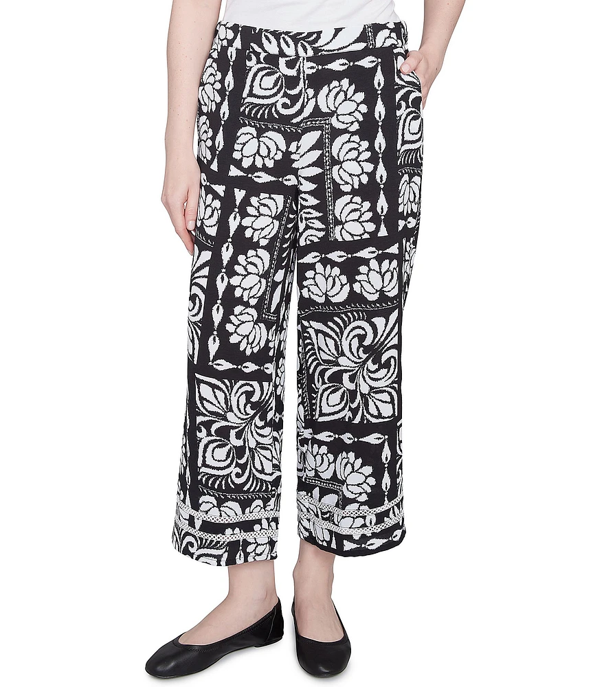 Ruby Rd. Petite Size Soft Crepe Tropical Patchwork Wide Leg Pull-On Pants