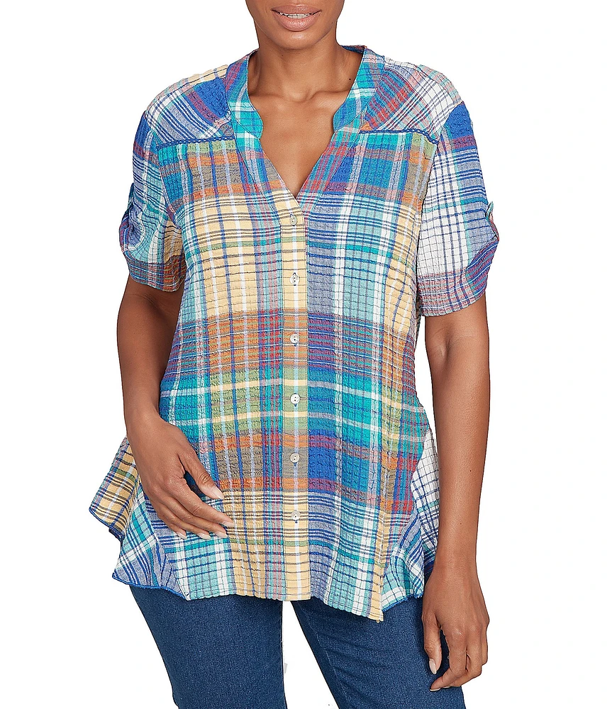 Ruby Rd. Petite Size Soft Crinkle Plaid Y-Neck Short Button-Tab Sleeve Button-Front Shirt