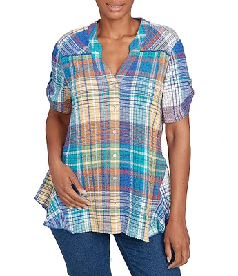 Ruby Rd. Petite Size Soft Crinkle Plaid Y-Neck Short Button-Tab Sleeve Button-Front Shirt