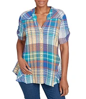 Ruby Rd. Petite Size Soft Crinkle Plaid Y-Neck Short Button-Tab Sleeve Button-Front Shirt
