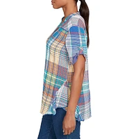 Ruby Rd. Petite Size Soft Crinkle Plaid Y-Neck Short Button-Tab Sleeve Button-Front Shirt
