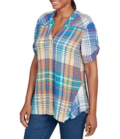 Ruby Rd. Petite Size Soft Crinkle Plaid Y-Neck Short Button-Tab Sleeve Button-Front Shirt