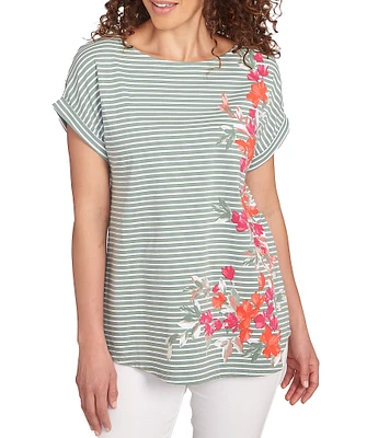 Ruby Rd. Petite Size Soft Jersey Knit Floral Stripe Boat Neck Short Cuff Sleeve Top