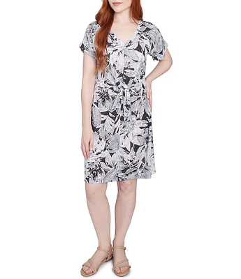 Ruby Rd. Petite Size Soft Slub Jersey Batik Leaf Print V-Neck Short Sleeve Tie-Front Sheath Dress