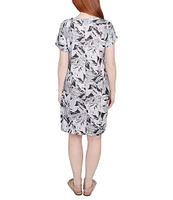 Ruby Rd. Petite Size Soft Slub Jersey Batik Leaf Print V-Neck Short Sleeve Tie-Front Sheath Dress