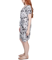 Ruby Rd. Petite Size Soft Slub Jersey Batik Leaf Print V-Neck Short Sleeve Tie-Front Sheath Dress