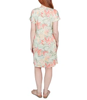Ruby Rd. Petite Size Soft Slub Jersey Batik Leaf Print V-Neck Short Sleeve Tie-Front Sheath Dress