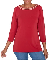 Ruby Rd. Petite Size Solid Embellished Boat Neck 3/4 Sleeve Knit Top