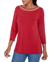 Ruby Rd. Petite Size Solid Embellished Boat Neck 3/4 Sleeve Knit Top