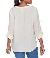 Ruby Rd. Petite Size Solid Gauze Band Notch Neckline Roll-Tab Sleeve Top