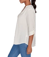 Ruby Rd. Petite Size Solid Gauze Band Notch Neckline Roll-Tab Sleeve Top