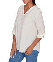 Ruby Rd. Petite Size Solid Gauze Band Notch Neckline Roll-Tab Sleeve Top